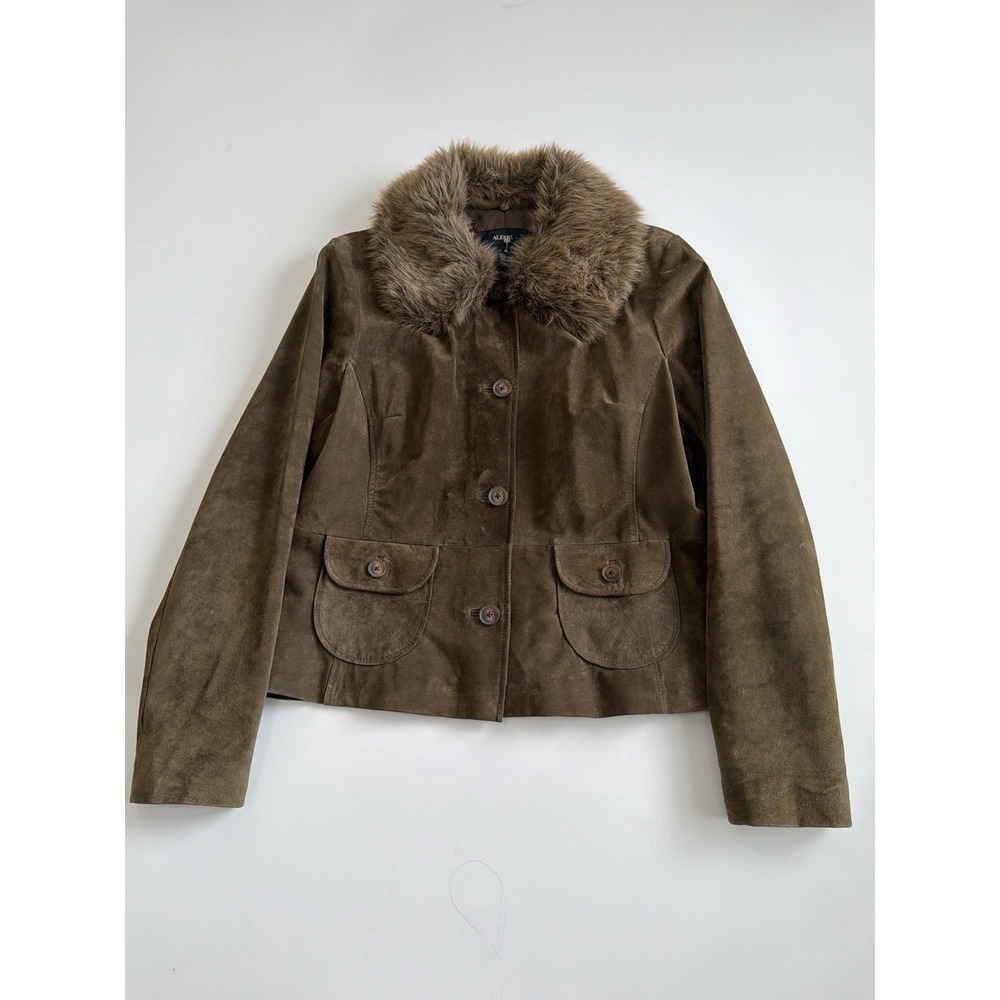 VTG Y2K Alfani XL Olive Green Brownish Suede Leather Jacket Faux Fur Collar